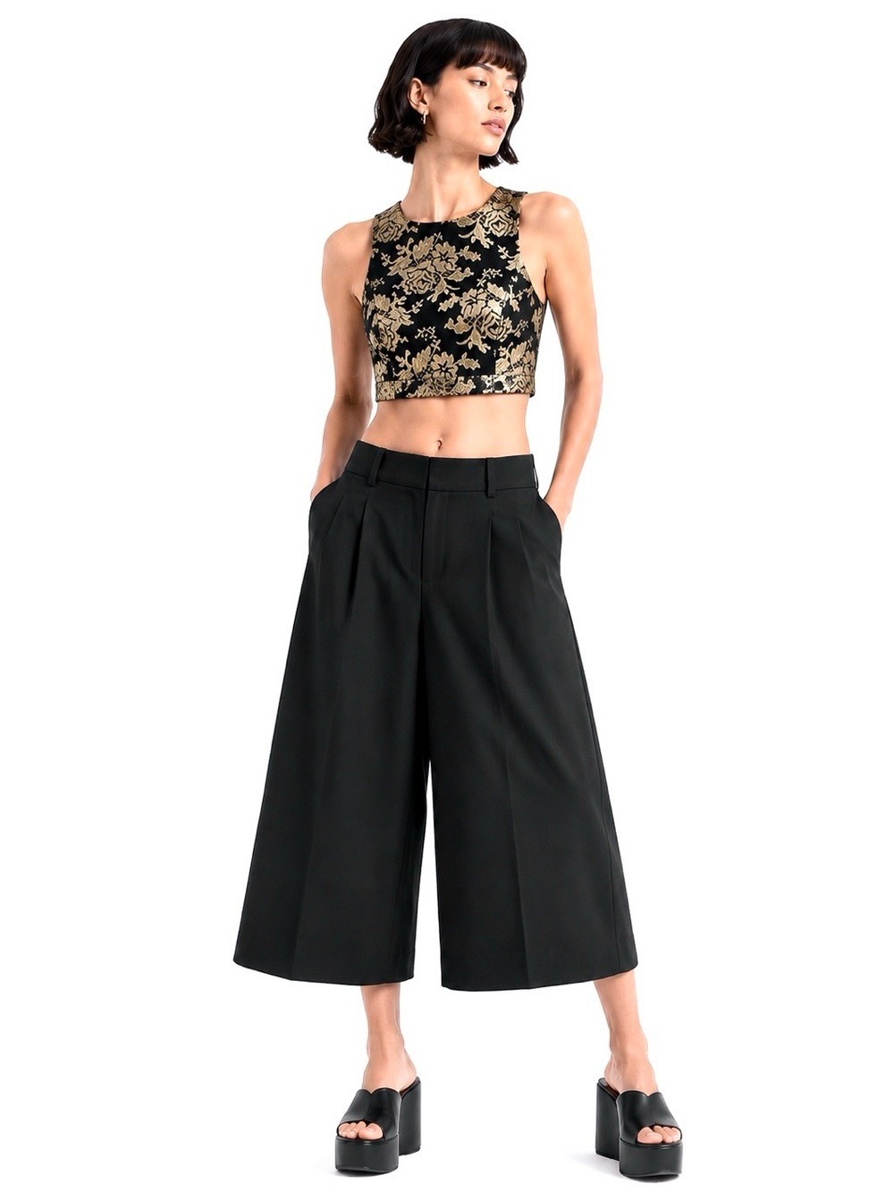 Black & Pale Gold Jacquard Floral Cropped Sleeveless Tank Top, Evening Wear XS/S